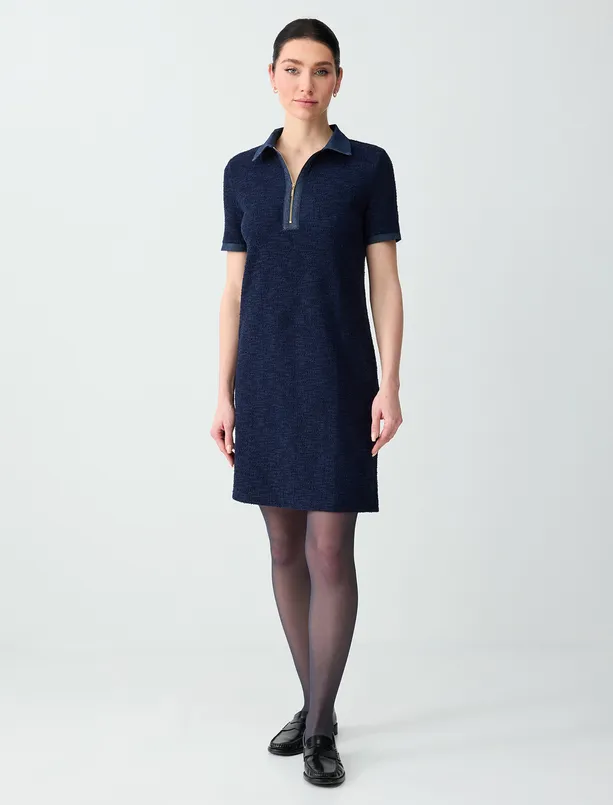 Bayan Lacivert Polo Yaka Kısa Kollu Fermuar Detaylı Örme Mini Elbise