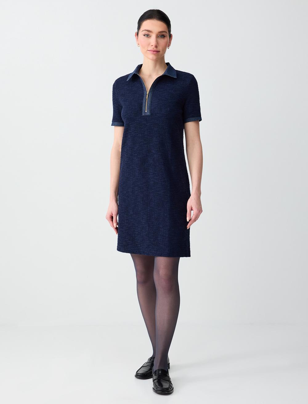 Polo Yaka Kısa Kollu Fermuar Detaylı Örme Mini Elbise