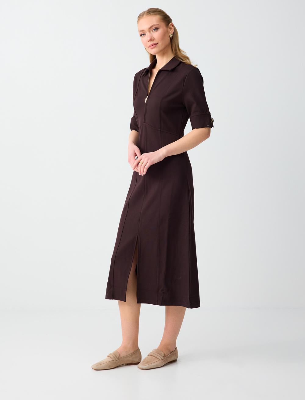 Polo Yaka Dirsek Kol Örme Midi Elbise