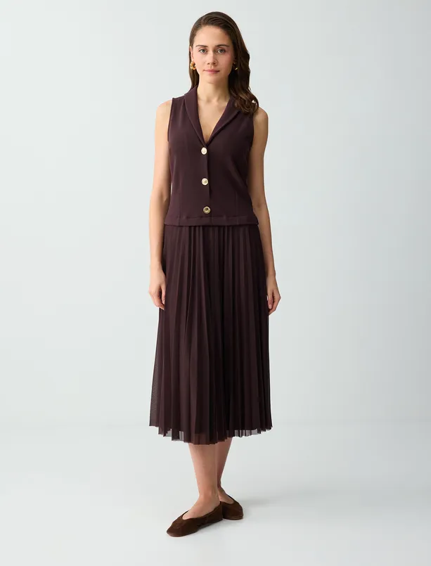 Bayan  Düğme Detaylı V Yaka Kolsuz Örme Midi Elbise