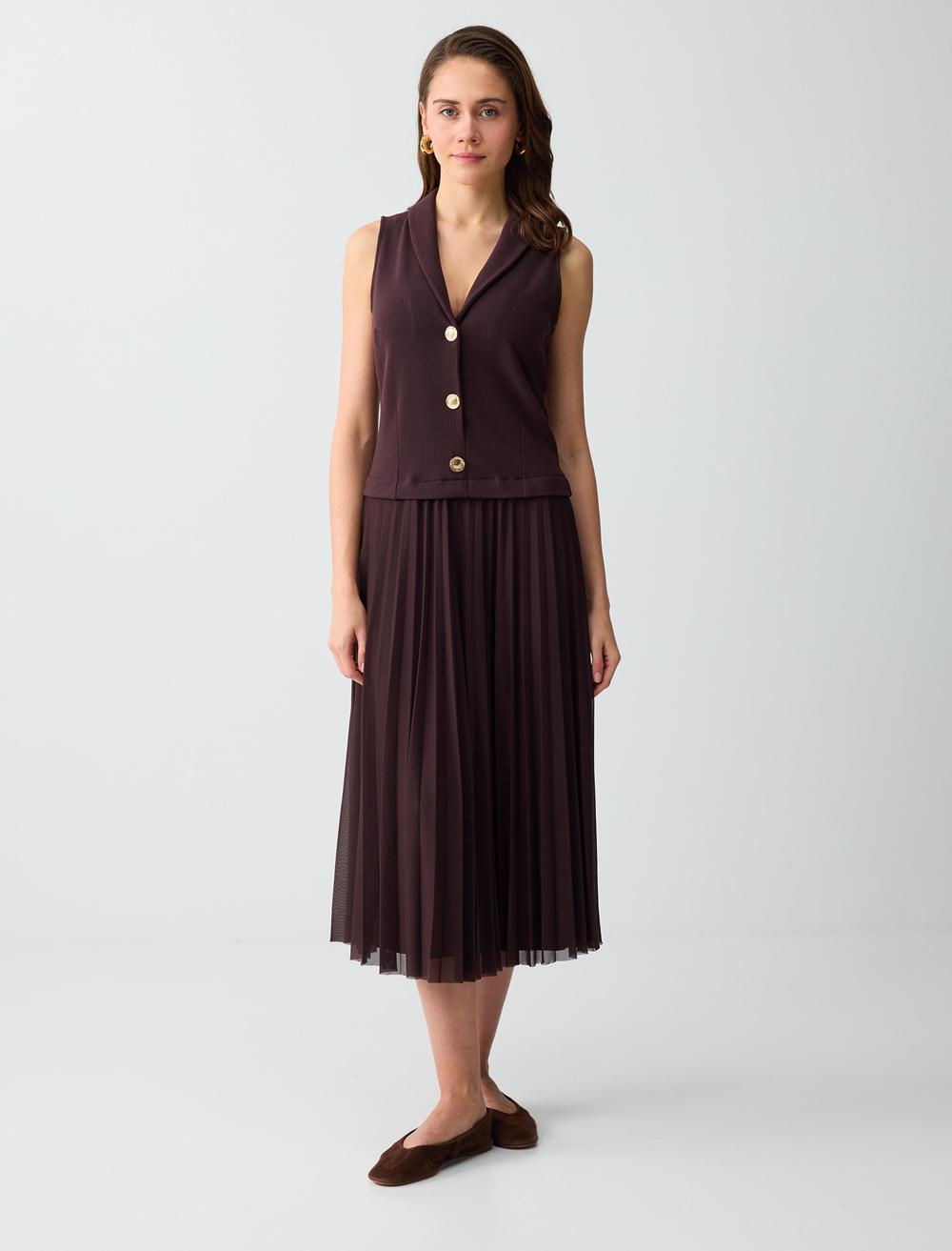 Düğme Detaylı V Yaka Kolsuz Örme Midi Elbise