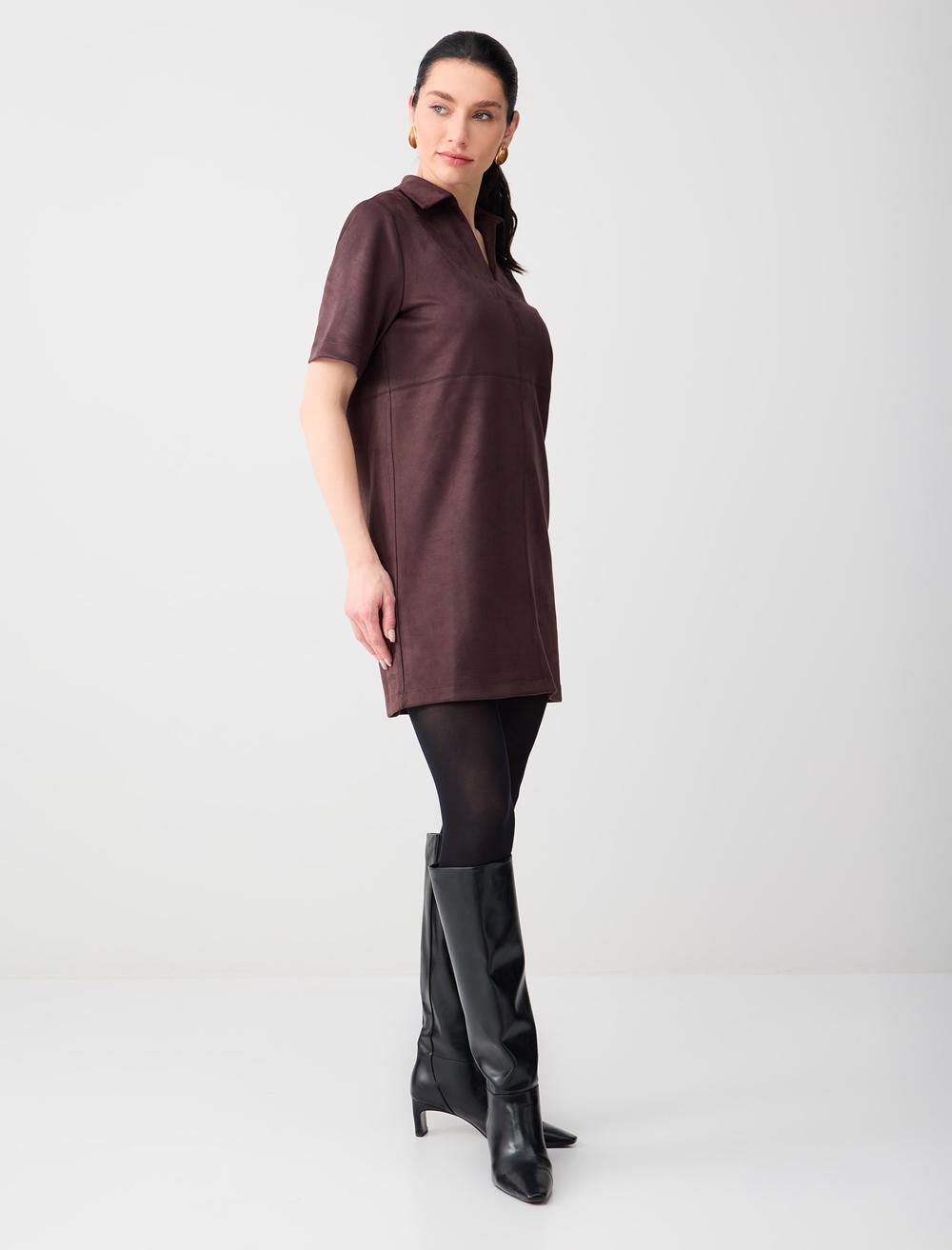 Rahat Kesim V Yaka Kısa Kollu Örme Süet Mini Elbise