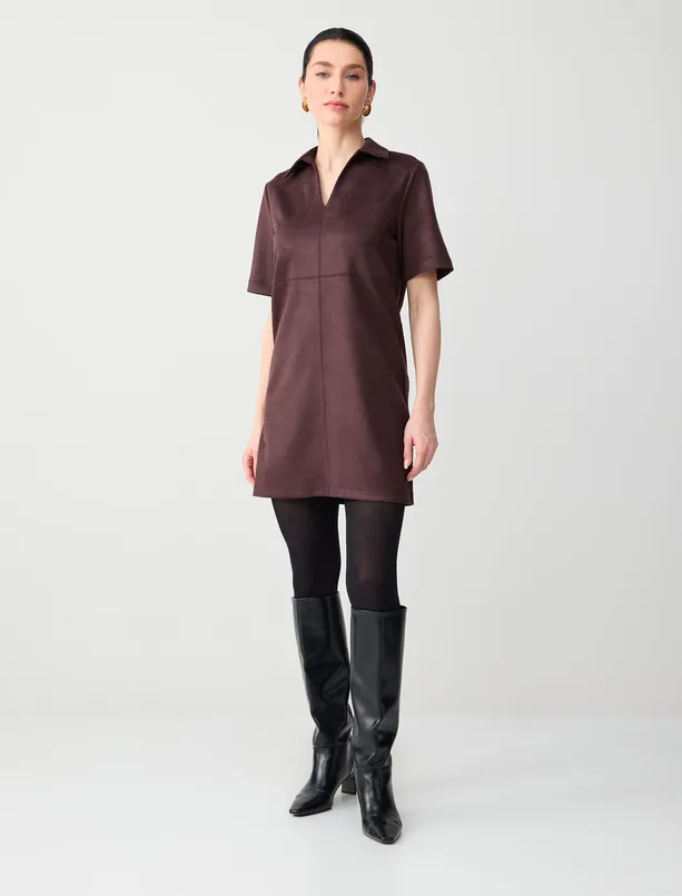 Bayan Kahverengi Rahat Kesim V Yaka Kısa Kollu Örme Süet Mini Elbise