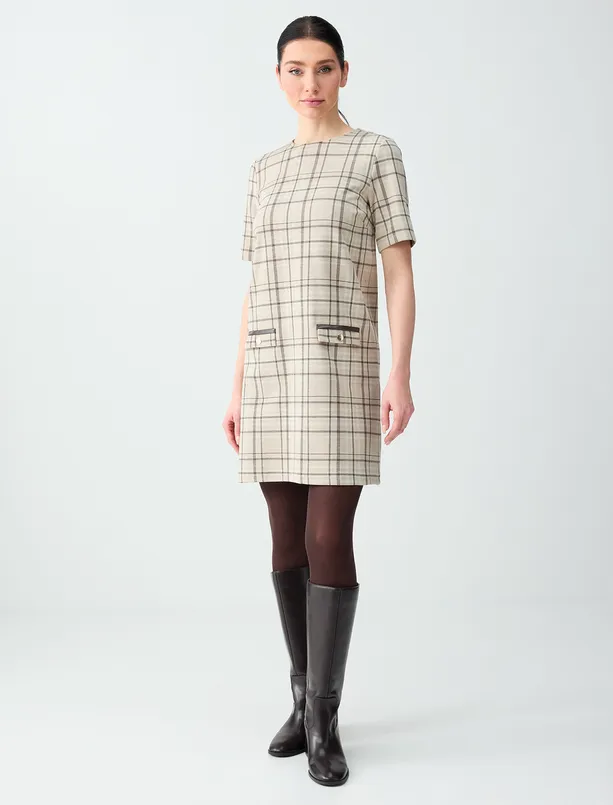 Bayan Bej Melanj Rahat Kesim Yuvarlak Yaka Ekoseli Örme Mini Elbise