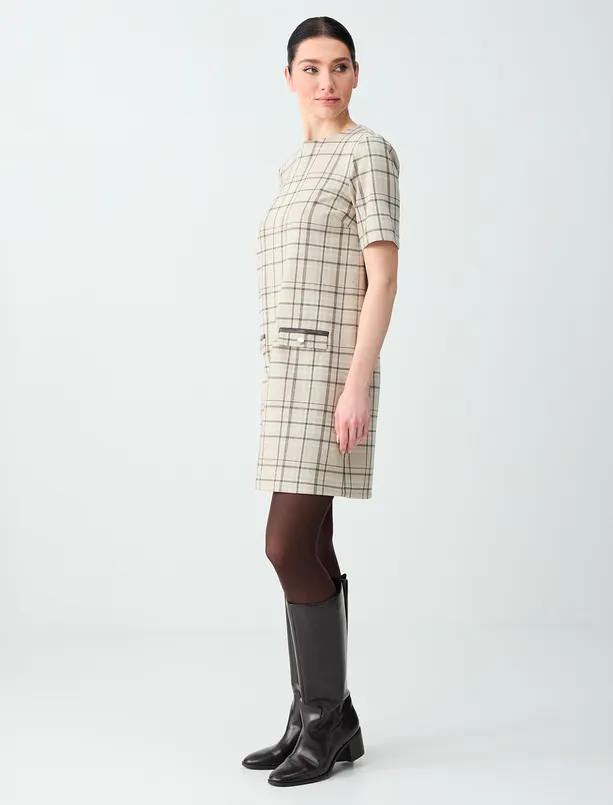 Bayan Bej Melanj Rahat Kesim Yuvarlak Yaka Ekoseli Örme Mini Elbise