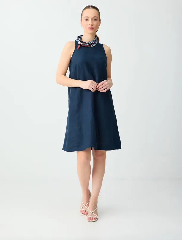 Bayan  %100 Keten Kolsuz Bisiklet Yaka Mini Elbise