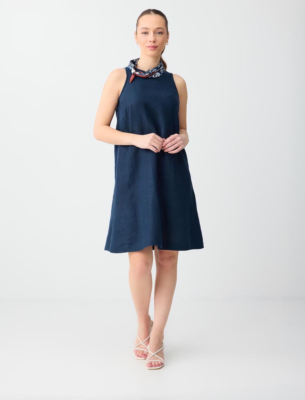 %100 Keten Kolsuz Bisiklet Yaka Mini Elbise