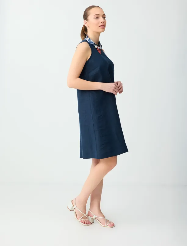 Bayan Lacivert %100 Keten Kolsuz Bisiklet Yaka Mini Elbise