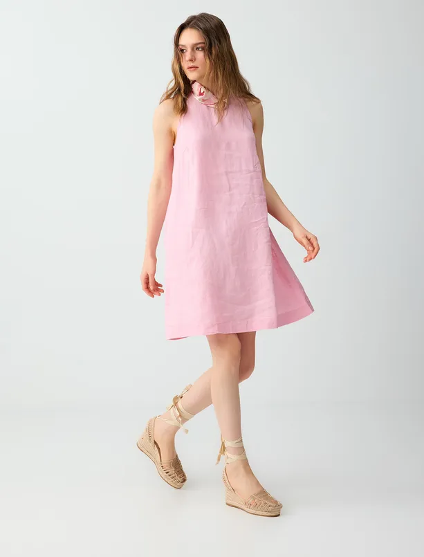 Bayan Pembe %100 Keten Kolsuz Bisiklet Yaka Mini Elbise