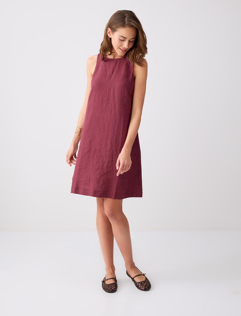 %100 Keten Kolsuz Bisiklet Yaka Mini Elbise