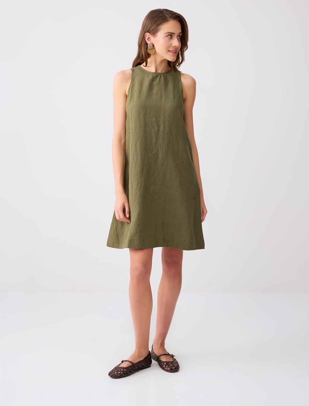 %100 Keten Kolsuz Bisiklet Yaka Mini Elbise