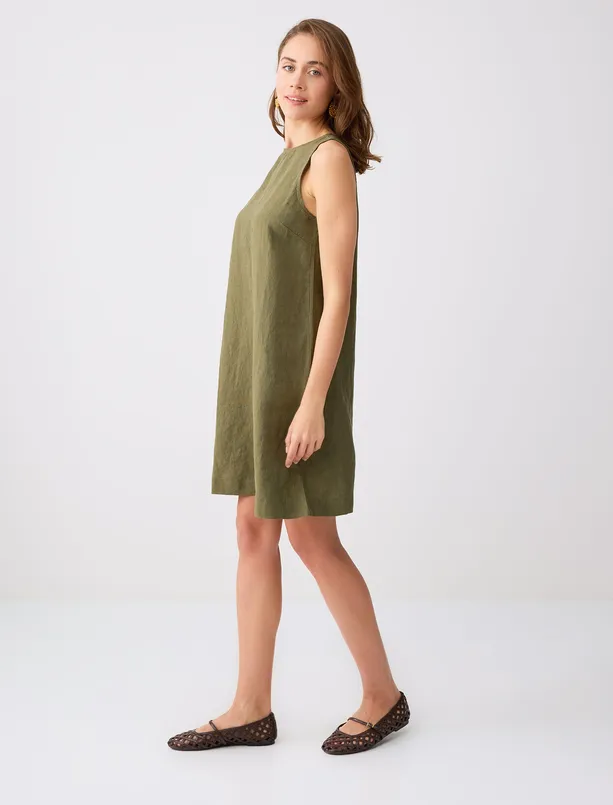 Bayan Haki %100 Keten Kolsuz Bisiklet Yaka Mini Elbise
