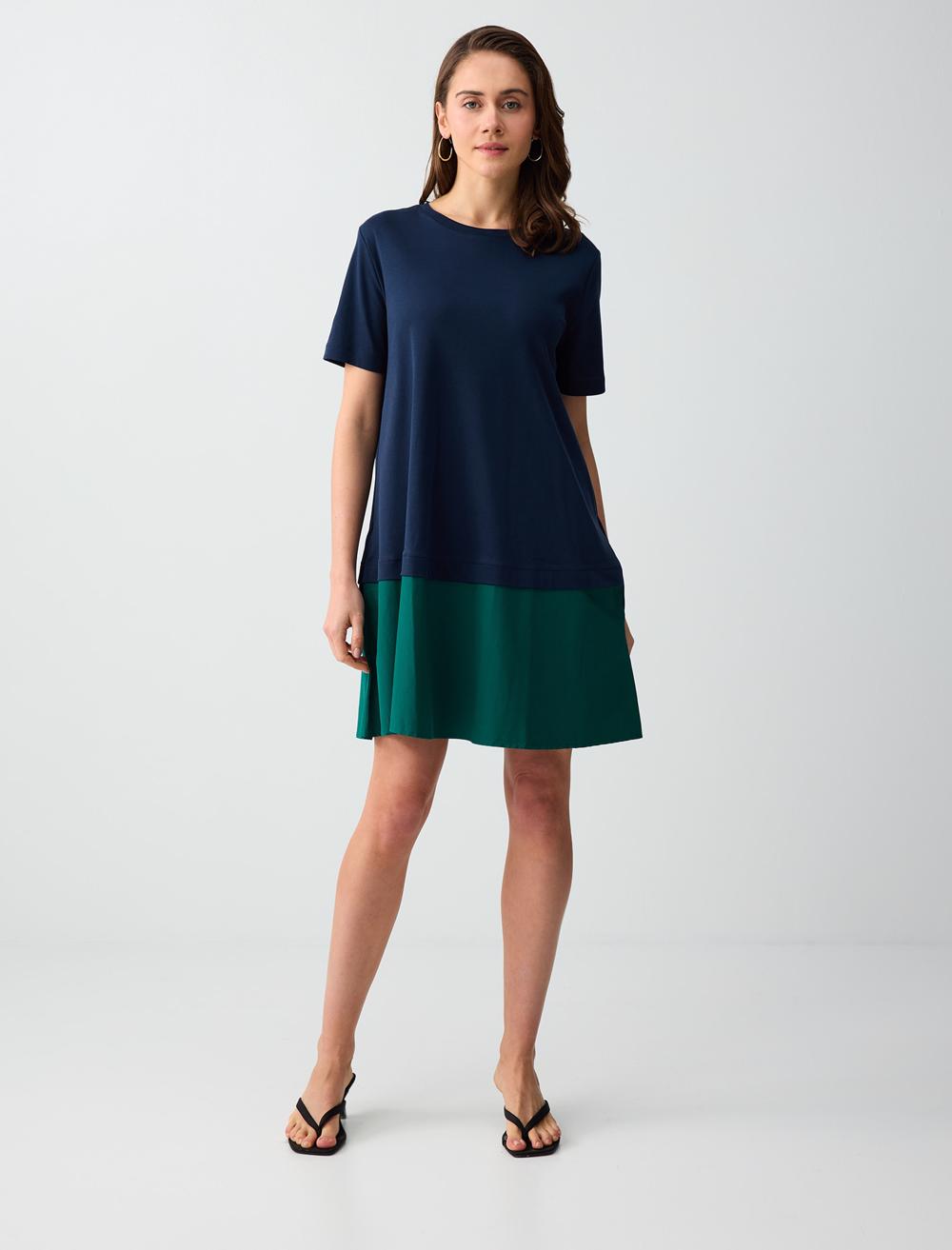 %100 Pamuk Bisiklet Yaka Renk Bloklu Mini Elbise