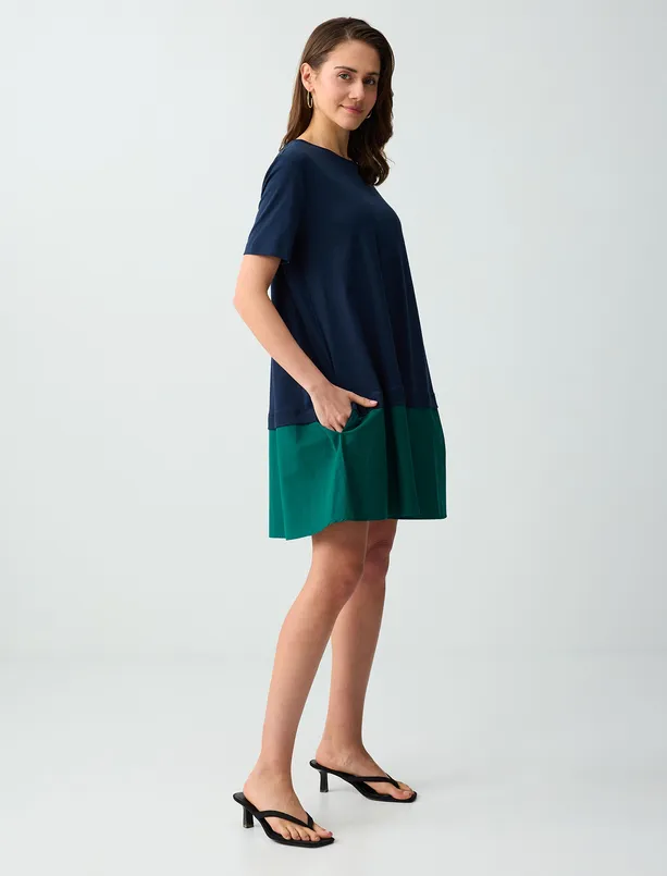 Bayan Lacivert %100 Pamuk Bisiklet Yaka Renk Bloklu Mini Elbise