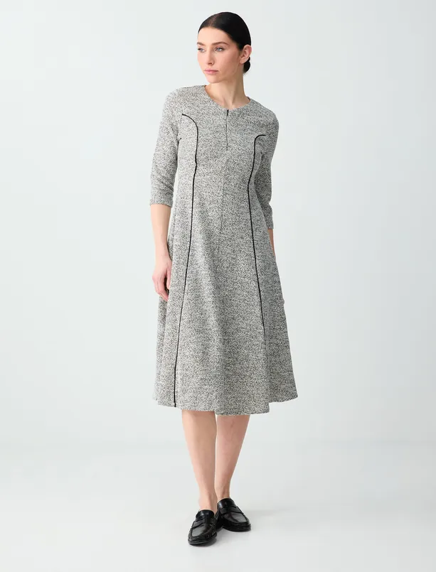 Bayan Gri Dar Kesim Bisiklet Yaka Uzun Kollu Jakarlı Midi Elbise