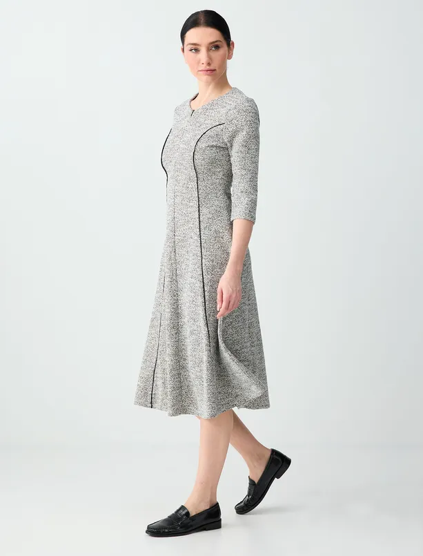 Bayan Gri Dar Kesim Bisiklet Yaka Uzun Kollu Jakarlı Midi Elbise