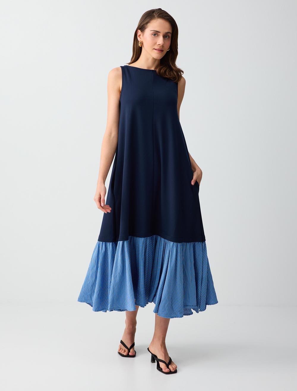 Kayık Yaka Kolsuz Renk Bloklu Örme Midi Elbise