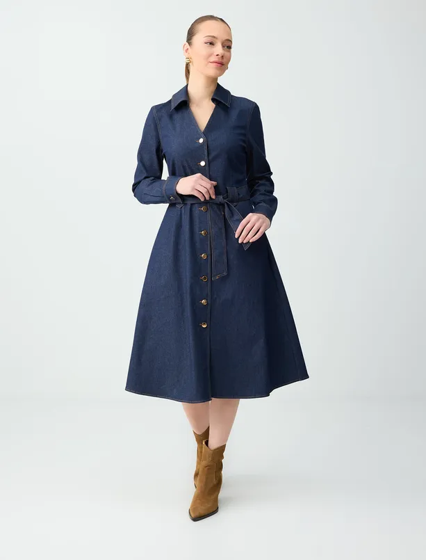 Bayan  Dar Kesim Polo Yaka Uzun Kollu Dokuma Midi Elbise