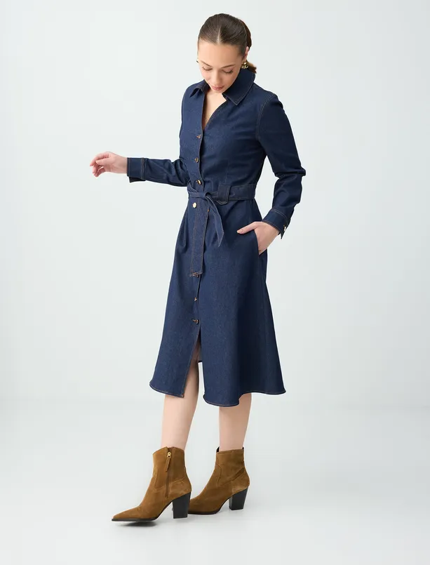 Bayan Mavi Dar Kesim Polo Yaka Uzun Kollu Dokuma Midi Elbise