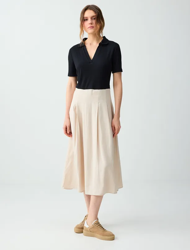 Bayan  Dar Kesim Polo Yaka Kısa Kollu Dokuma Midi Elbise