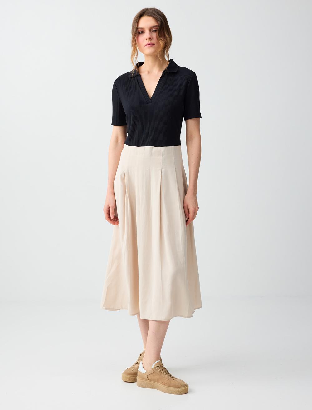 Dar Kesim Polo Yaka Kısa Kollu Dokuma Midi Elbise