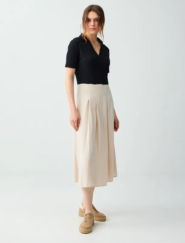 Bayan Siyah Dar Kesim Polo Yaka Kısa Kollu Dokuma Midi Elbise