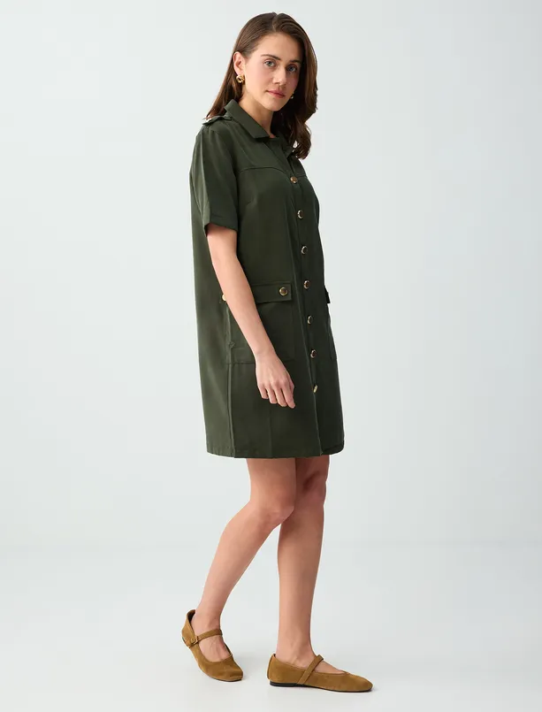 Bayan Haki Gömlek Yaka Kısa Kollu Cep Detaylı Dokuma Mini Elbise