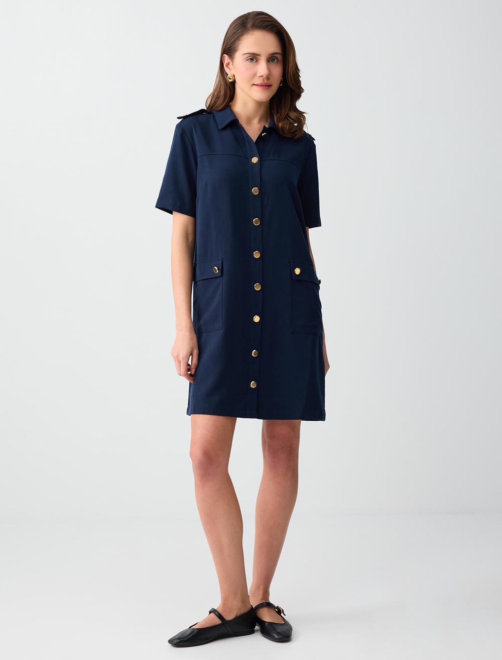 Gömlek Yaka Kısa Kollu Cep Detaylı Dokuma Mini Elbise