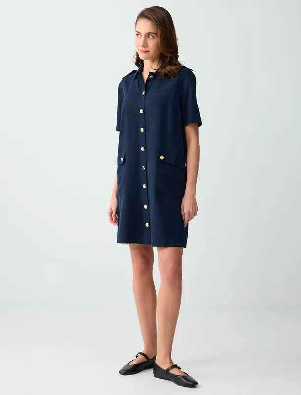 Bayan Lacivert Gömlek Yaka Kısa Kollu Cep Detaylı Dokuma Mini Elbise