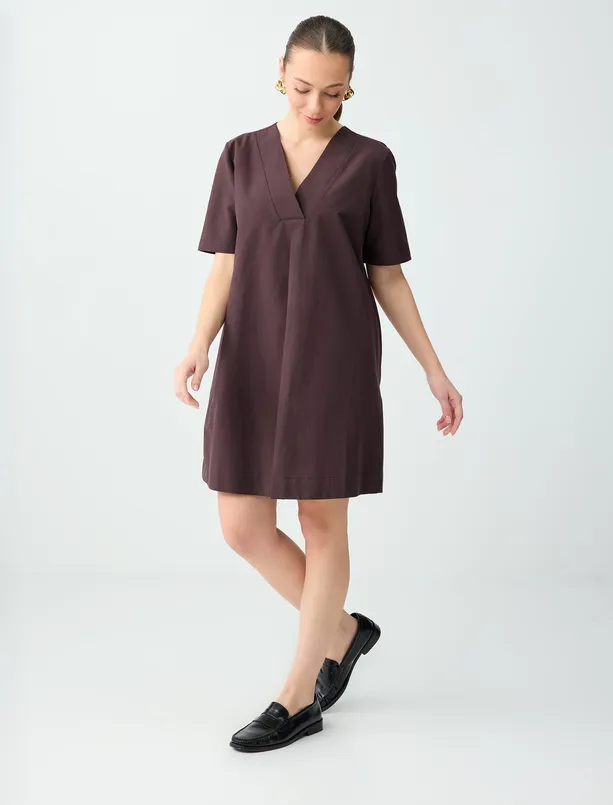 Bayan  Rahat Kesim Kısa Kollu V Yaka Dokuma Mini Elbise