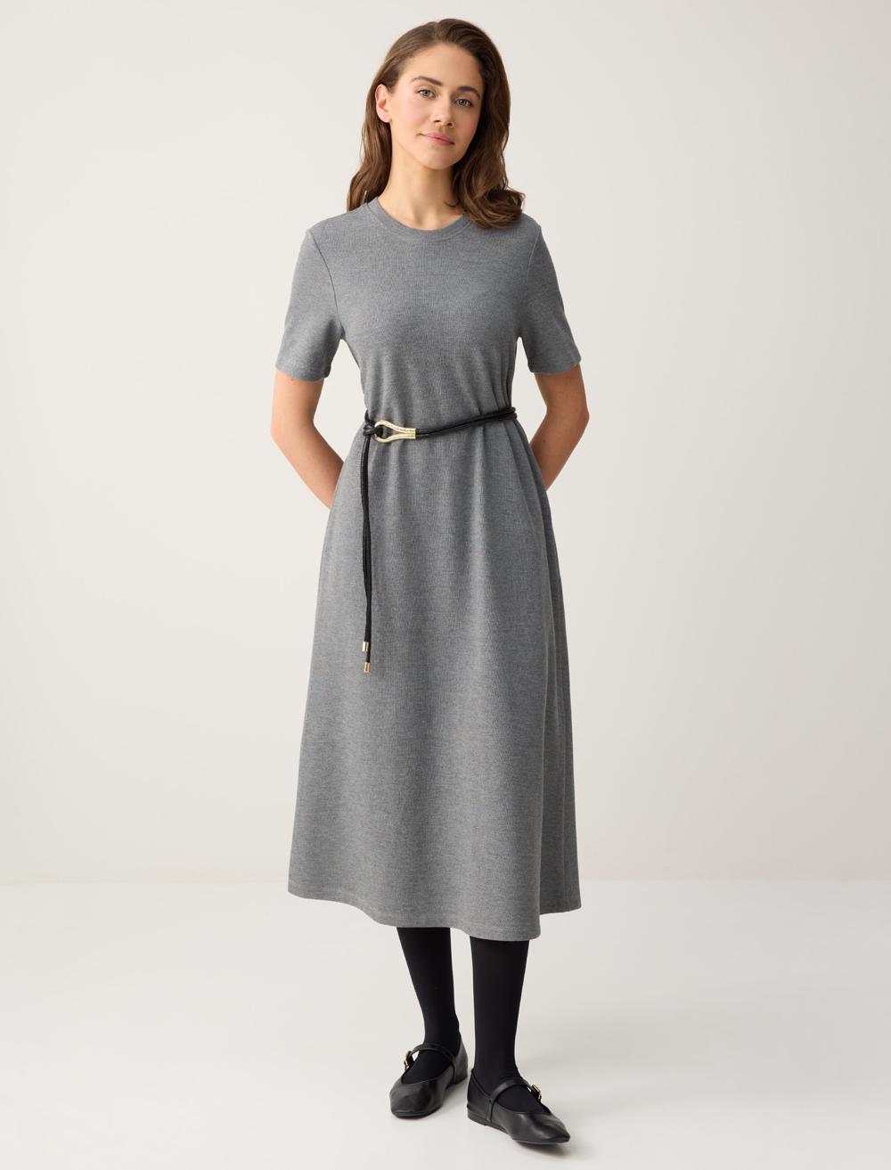 Rahat Kesim Kısa Kollu Bisiklet Yaka Midi Örme Elbise