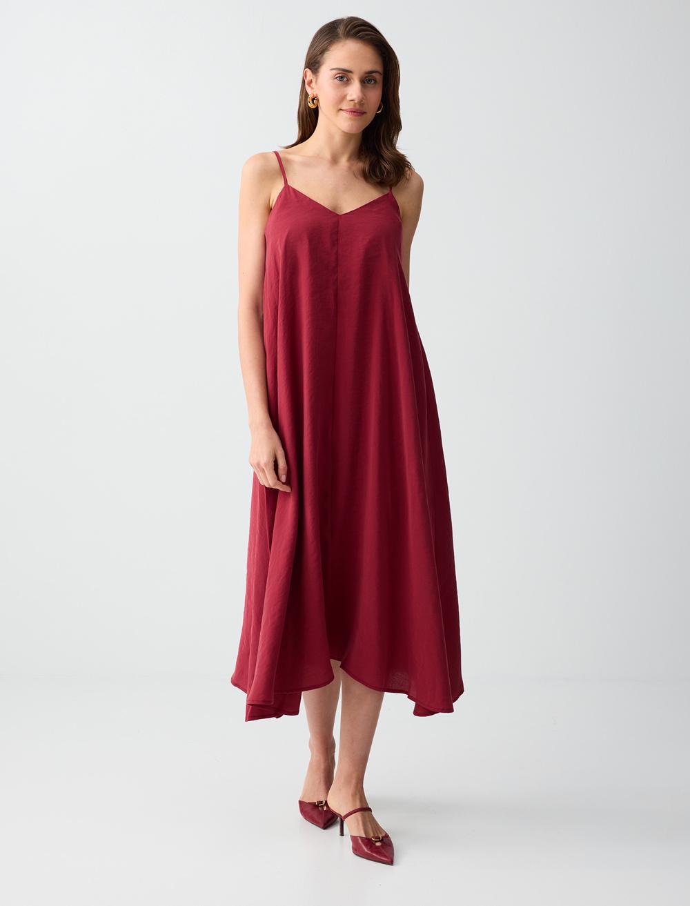 Rahat Kesim V Yaka Askılı Modal Midi Elbise