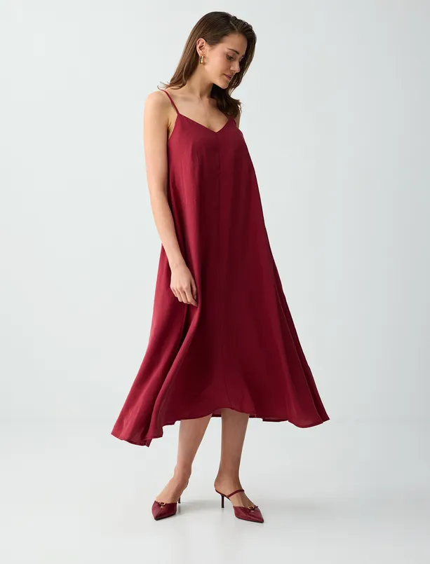 Bayan Kırmızı Rahat Kesim V Yaka Askılı Modal Midi Elbise