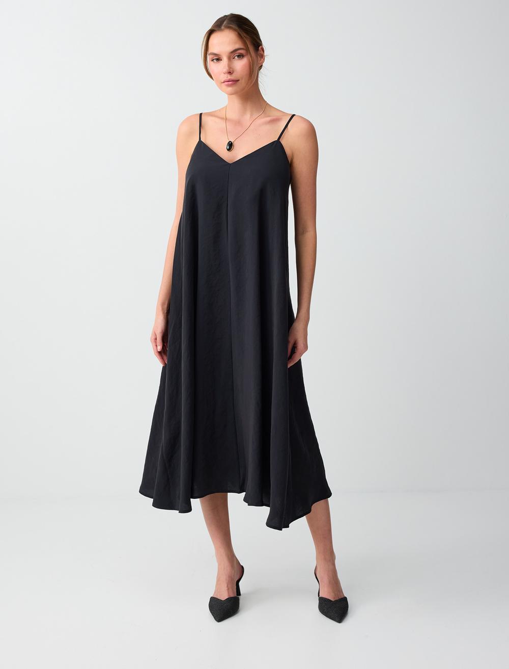 Rahat Kesim V Yaka Askılı Modal Midi Elbise