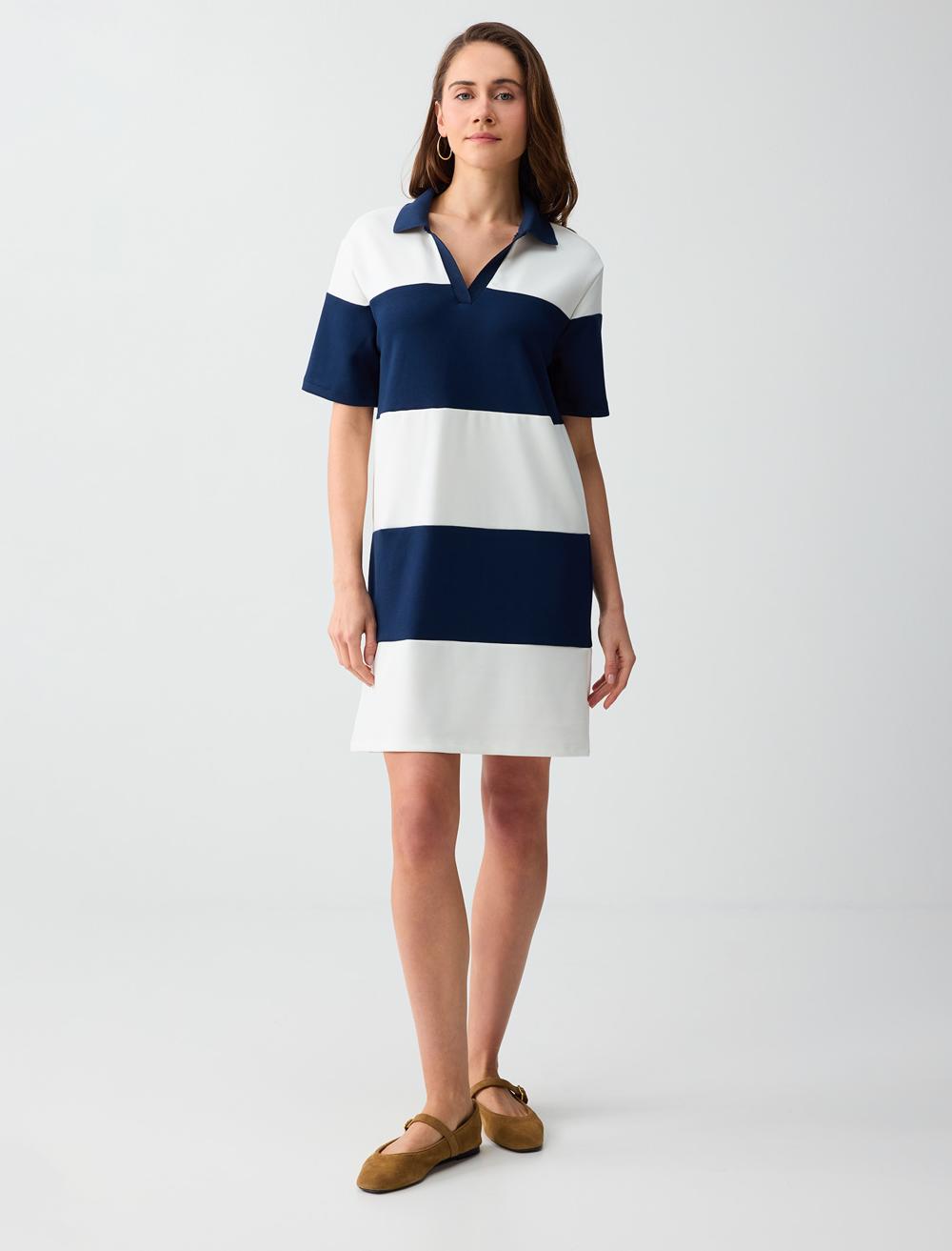 Polo Yaka Dirsek Kol Renk Bloklu Örme Mini Elbise
