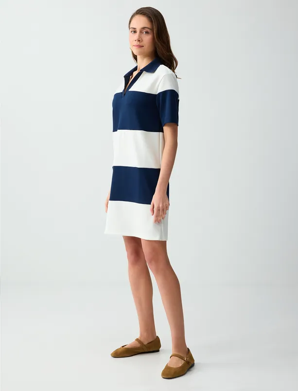 Bayan Lacivert Polo Yaka Dirsek Kol Renk Bloklu Örme Mini Elbise