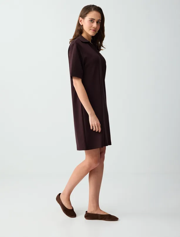 Bayan Kahverengi Polo Yaka Kısa Kollu Modal Örme Mini Elbise