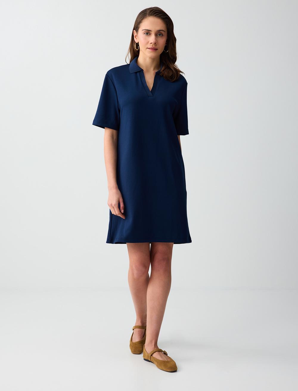 Polo Yaka Kısa Kollu Modal Örme Mini Elbise