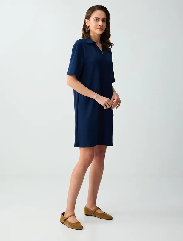 Bayan Lacivert Polo Yaka Kısa Kollu Modal Örme Mini Elbise