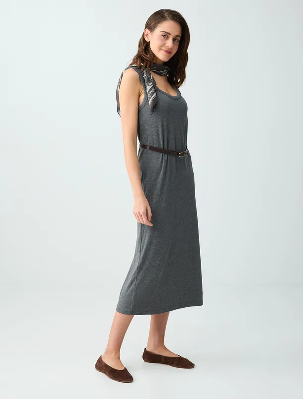 Bayan Antrasit Melanj Düz Kesim Askılı U Yaka Örme Midi Elbise