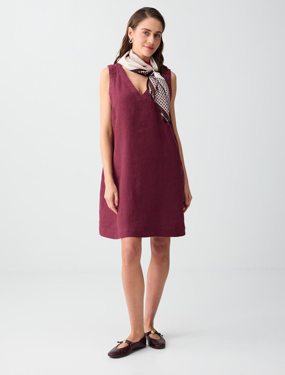 %100 Keten V Yaka Kolsuz Basic Mini Elbise