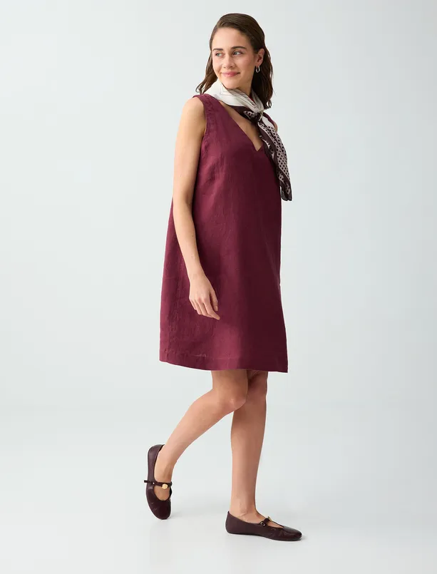 Bayan Bordo %100 Keten V Yaka Kolsuz Basic Mini Elbise