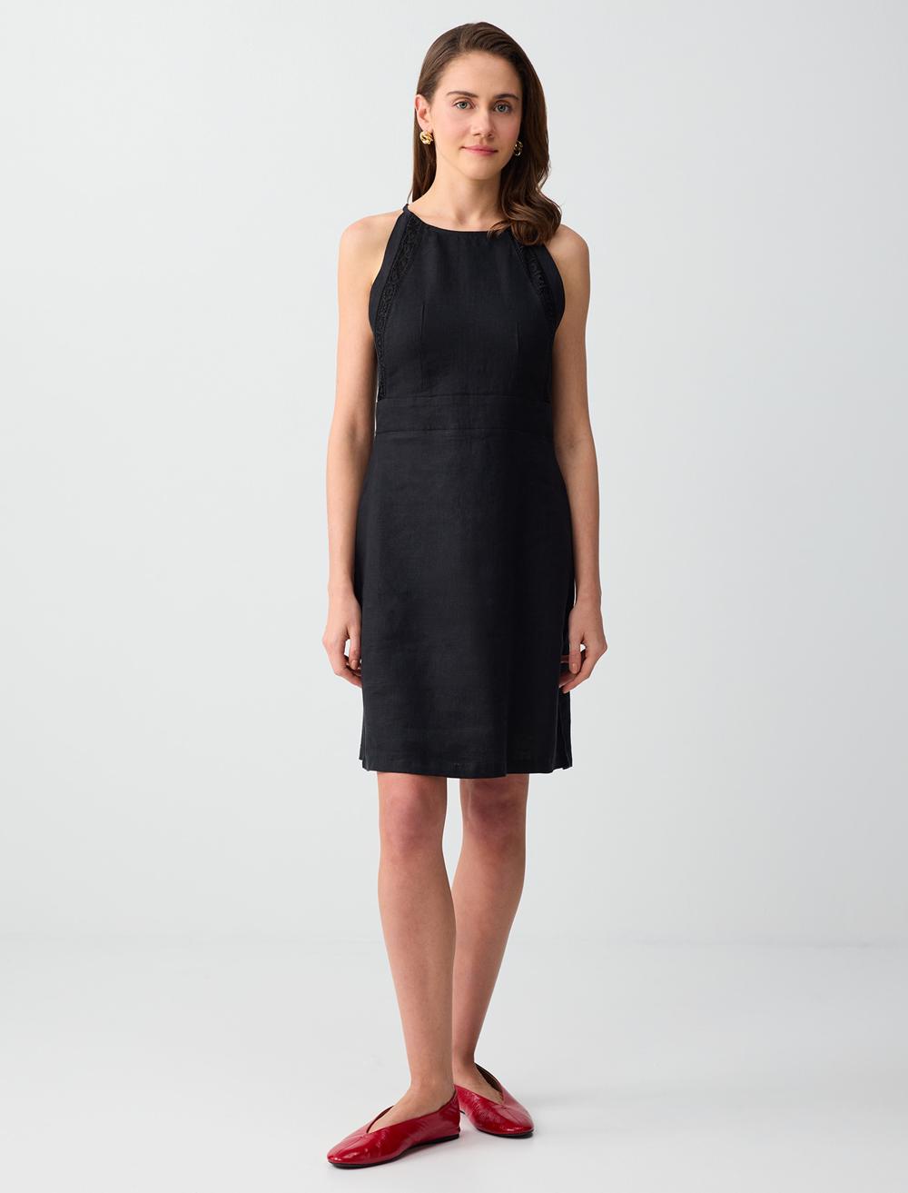 %100 Keten Halter Yaka Kolsuz Mini Elbise