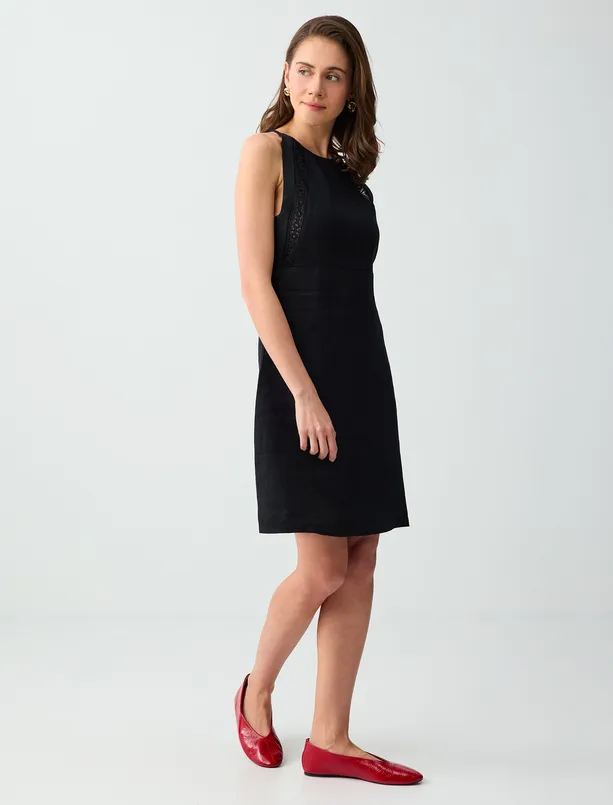 Bayan Siyah %100 Keten Halter Yaka Kolsuz Mini Elbise