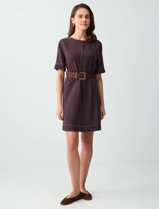 Bayan  Rahat Kesim Bisiklet Yaka Dokuma Mini Elbise