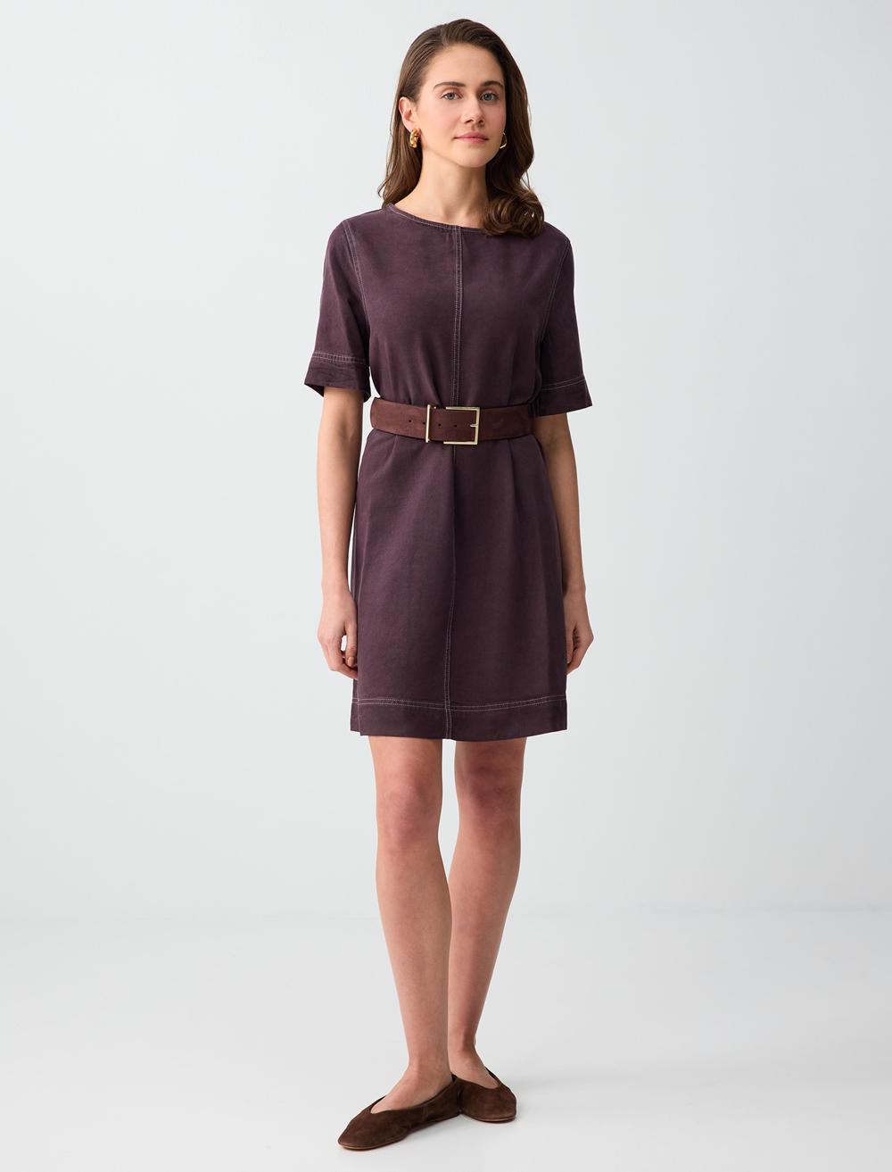 Rahat Kesim Bisiklet Yaka Dokuma Mini Elbise