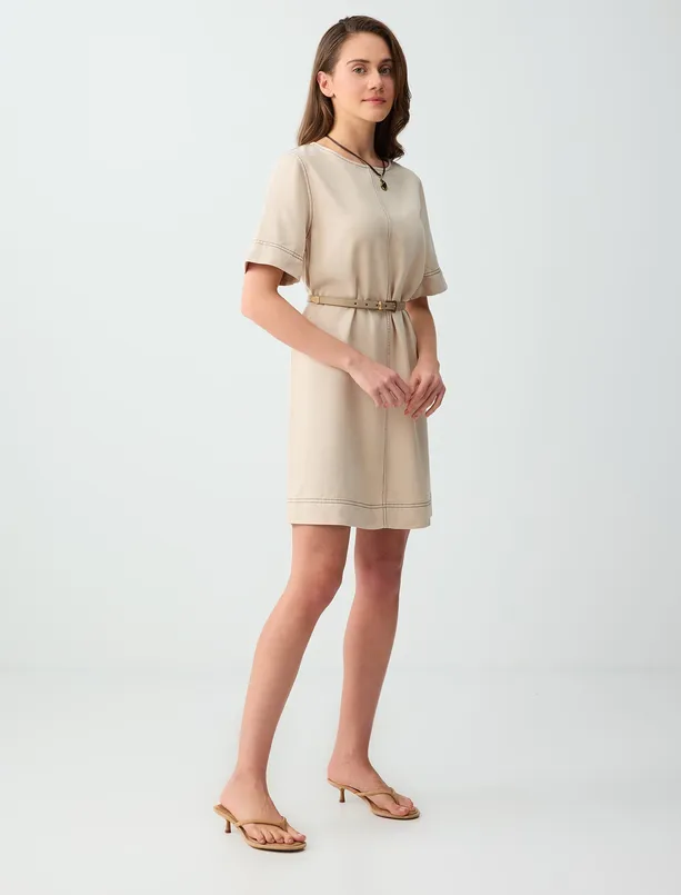 Bayan  Rahat Kesim Bisiklet Yaka Dokuma Mini Elbise