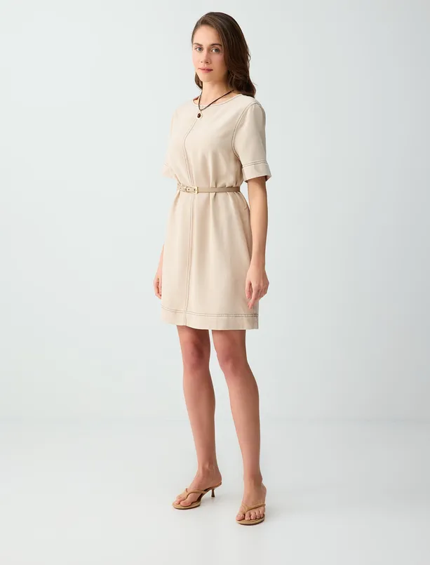 Bayan Bej Rahat Kesim Bisiklet Yaka Dokuma Mini Elbise