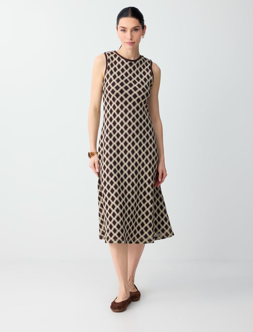 %100 Pamuk Baklava Desenli Yuvarlak Yaka Midi Elbise