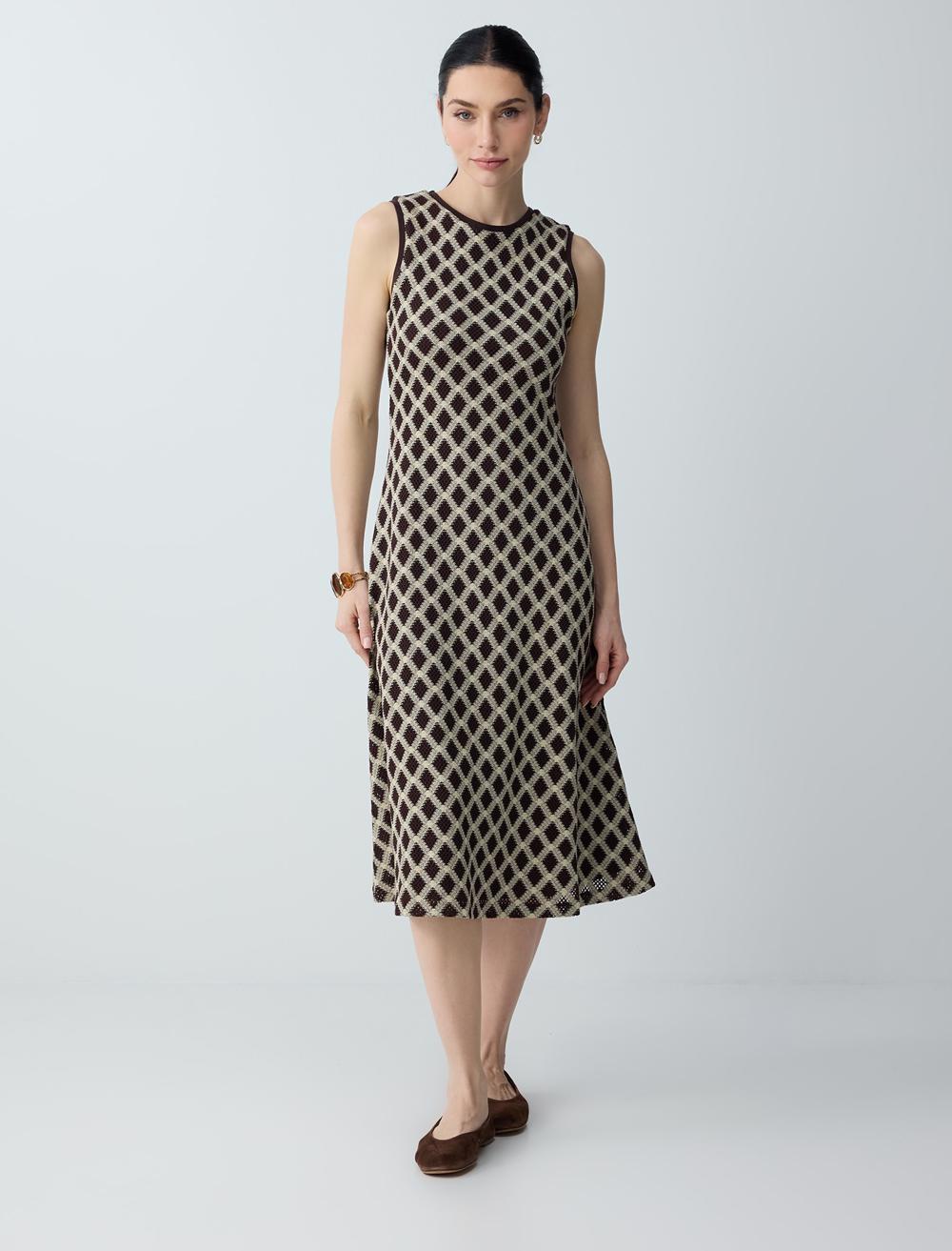 %100 Pamuk Baklava Desenli Yuvarlak Yaka Midi Elbise